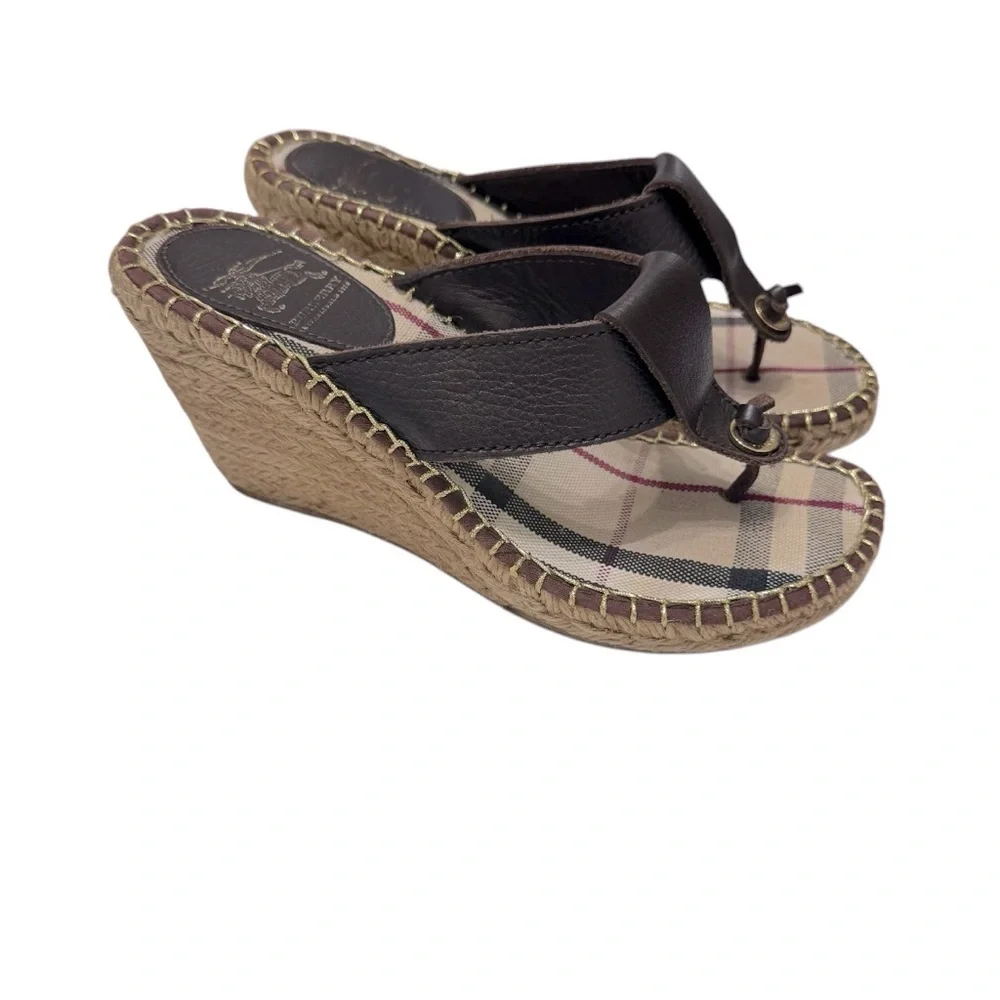 Burberry Nova Check‎ Brown Leather Espadrille Wedge Slides Sandals